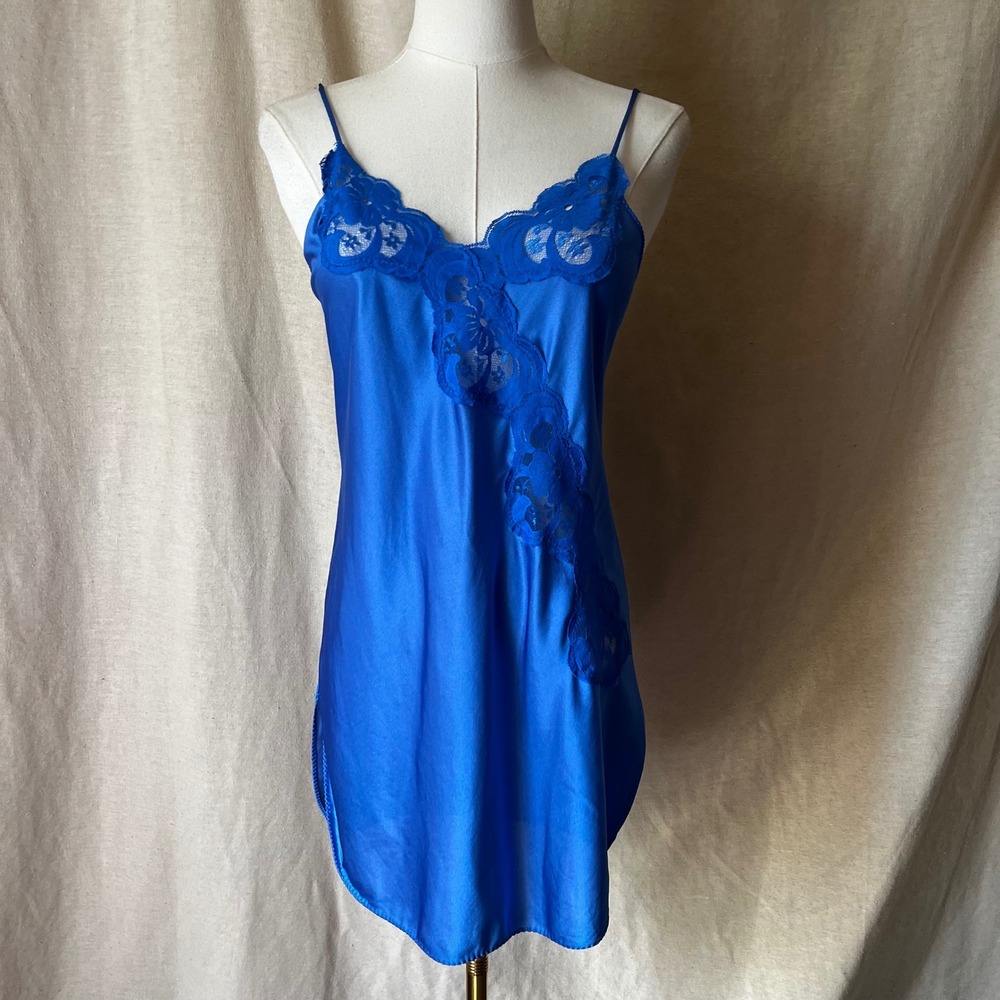 Vintage Royal Blue Lace Nylon Chemise Slip Nightgown Made in USA Small - Picture 7 of 7